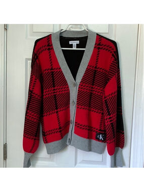 Calvin Klein red black plaid cardigan sweater small